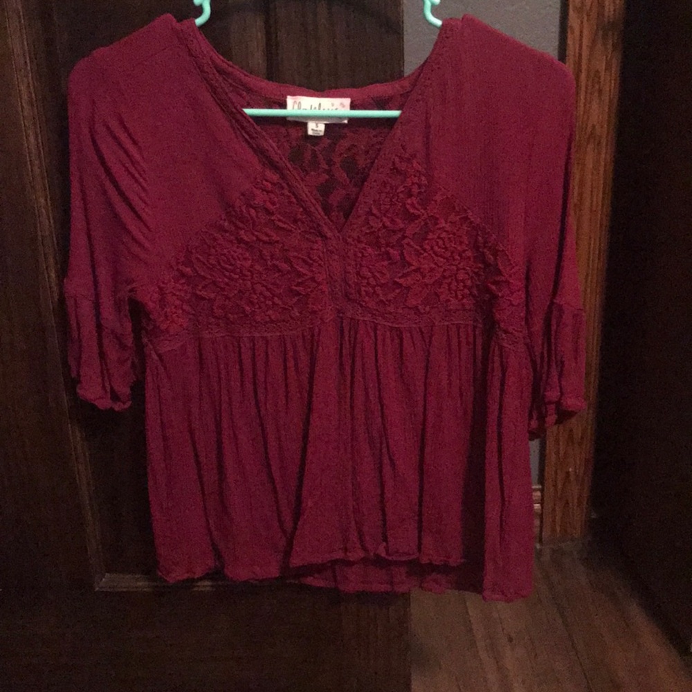 Burgundy shirt with lace on front